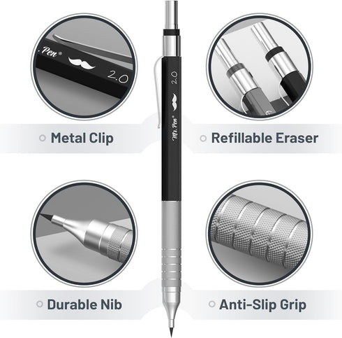 Mr. Pen Metal Mechanical Pencil Set with Leads and Eraser Refills, 5 Sizes - 0.3, 0.5, 0.7, 0.9, 2 Millimeters for