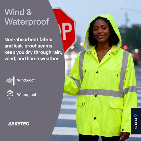 GGS Three-Piece Rain Suit - High Visibility, Waterproof Bibs and Jacket with Detachable Hood, Lightweight Rainwear