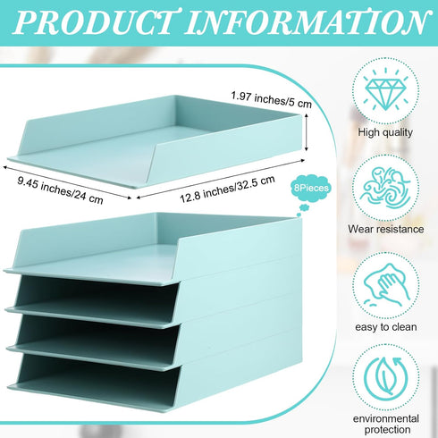 Tatuo 8 Pack Stackable Plastic Paper Trays, Desk Organizer for Classroom, Magazine File, and Documents (Blue Green)