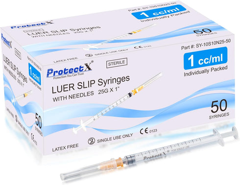 ProtectX 50 Pack 1ml/cc Syringe with 25G 1 Inch Needle, Disposable Syringe for Scientific Labs