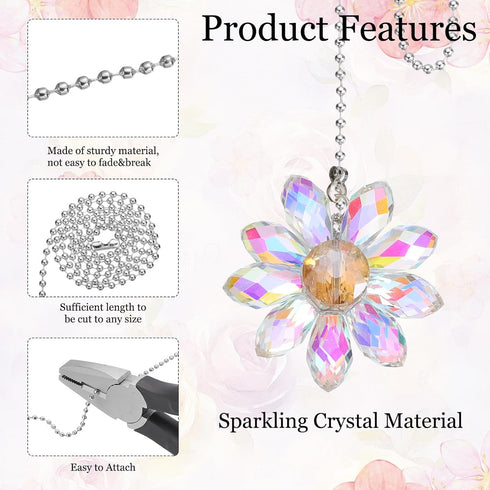 4Pack 24 Inch MECCANIXITY Ceiling Fan Pull Chain, Decorative Ornaments Crystal Flower Pendant Pull Chain Extender