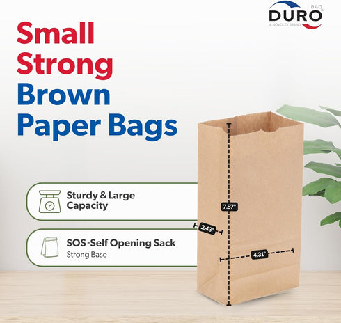 2# 500 Count, 4.31 2.43 7.87 Inches Duro Brown Paper Lunch Bags Bulk Disposable Brown Paper Bags, SOS Small Lunch Bag