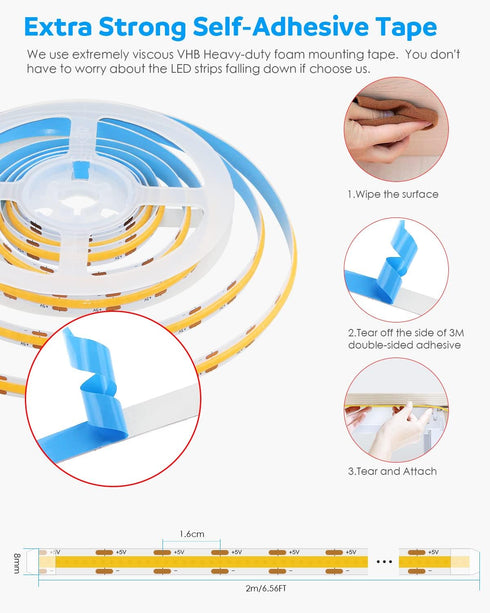 5V 6.56FT 320Leds/M 3000K CRI85+ 2M Aclorol COB LED Strip Lights for TV USB Powered Warm White COB Flexible Light Strip