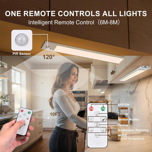 4 Pack, Closet 3 Counter Under Cabinet Lighting Wireless Motion Sensor LED Light with Remote, USB-C Rechargeable, Color