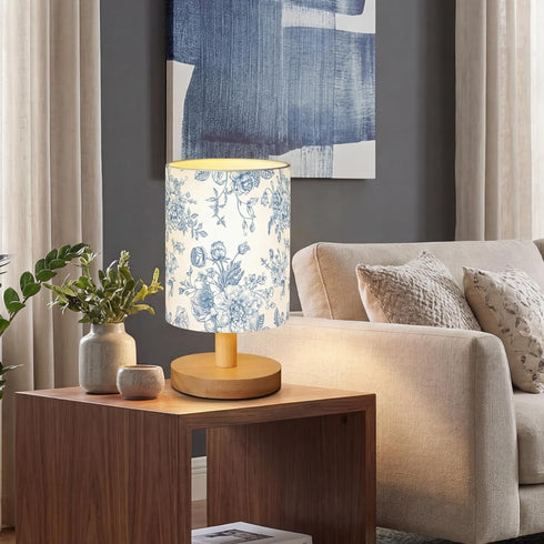 VIHOSE Blue Floral Kids Table Lamp for Bedroom Kids Bedside Lamp with Linen Wooden Nightstand Cartoon Nursery Lampshade
