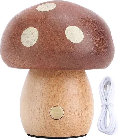 Small Wood Mushroom Lamp, LED Rechargeable Bedside Touch Lamp, Portable Dimmable Battery