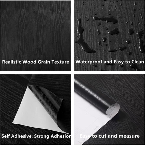 Black Wallpaper Wood Peel and Stick Wallpaper Self Adhesive Film Black Contact Paper Countertop Furniture Kitchen Wall Waterproof Removable Self Stick Vinyl Wallpaper Thickening Upgrade 15.8" x118"
