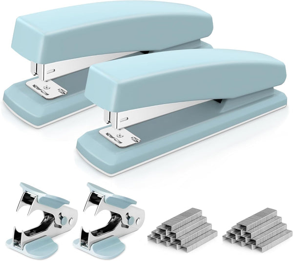 Deli Desktop Stapler, 2 Pack, 25 Sheet Capacity, Includes 2000 Staples and 2 Staple Removers, Blue