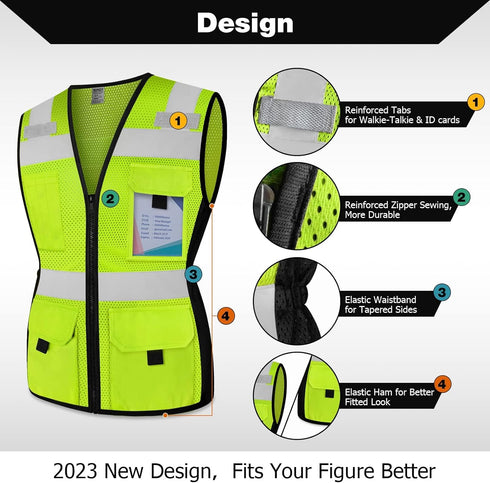TCCFCCT Women's High Visibility Reflective Vest, 11 Pockets Neon Construction Work Vest with Zipper