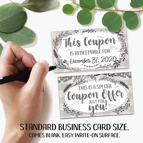 Set of 50 Blank Coupon Cards - Botanicals Gift Card Stationery for Small Business, Restaurants, Salons
