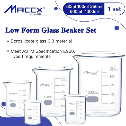 Sturdy Glass Beakers, 50ml 100ml 250ml 500ml 1000ml, 3.3 Borosilicate Griffin Low Form with Printed Graduation,
