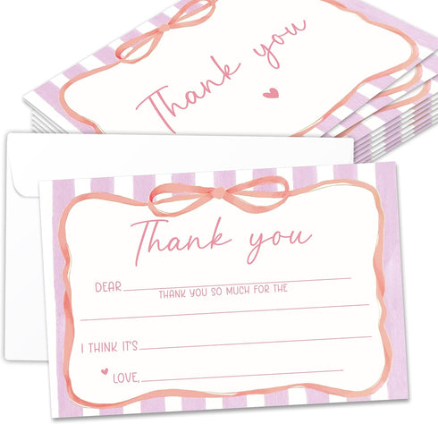 BWTRVL Kids Thank You Cards with Envelopes, Pink Ribbon Theme Fill in the