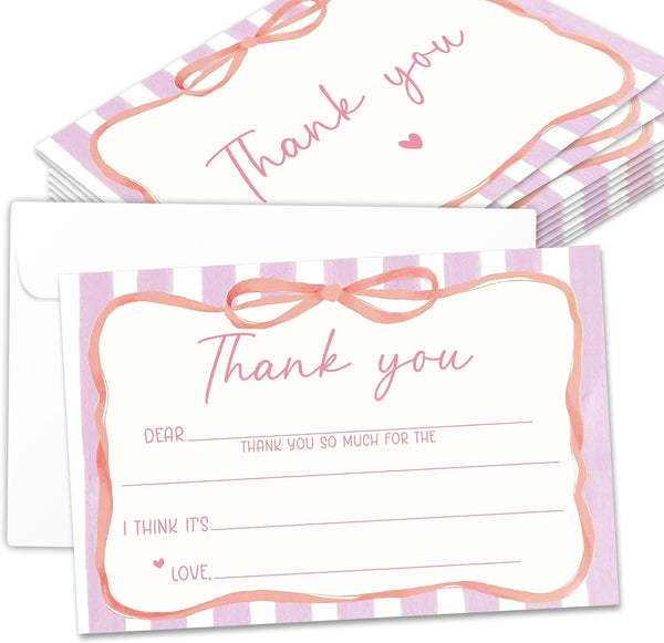 BWTRVL Kids Thank You Cards with Envelopes, Pink Ribbon Theme Fill in the