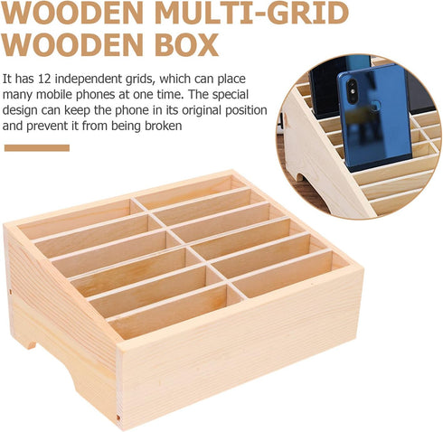 SEWACC Portable Desk Organizer, 3 Pcs Wooden Cell Phone Storage Box with 12 Grids for Home, Office, Classroom