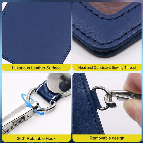 Fushing 2-Sided Genuine Leather ID Card Holder with Lanyard, 1 ID Window, 2 Card Slots, 18.7" Detachable Lanyard (Blue)