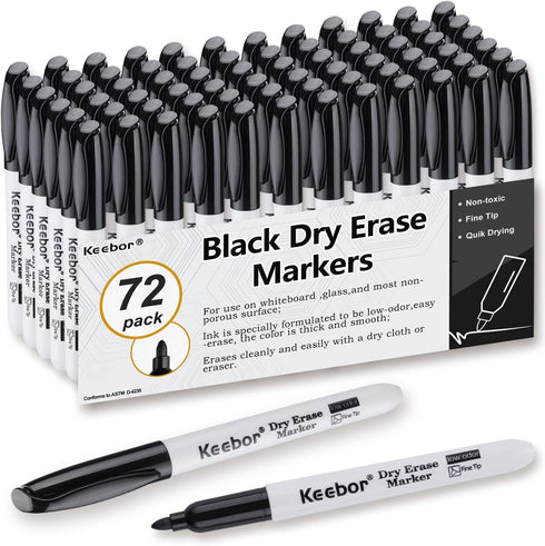 Basic Fine Tip Dry Erase Markers, Black, 72 Count Low-Odor Whiteboard Markers Bulk for Office Supplies