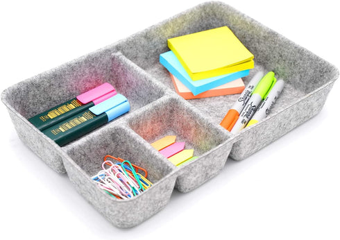 Welaxy Junk Drawer Organizer Bin with 4 Compartments, Felt Trays, 2 Dividers, Multi-Purpose Storage (Grayx2)