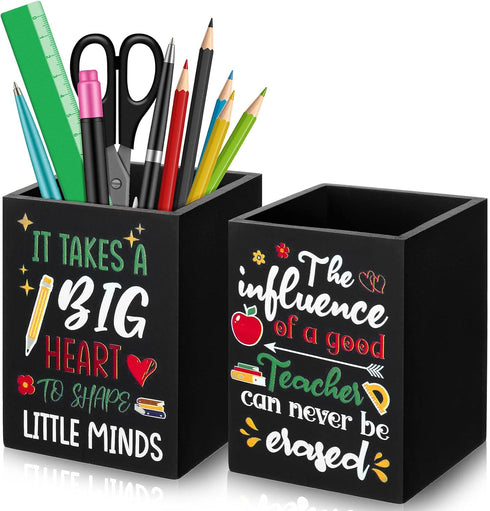 Teling 2 Pcs Wooden Teacher Desktop Pen Organizer, Pencil Holder, Color Pencil Organizer for School Office Home