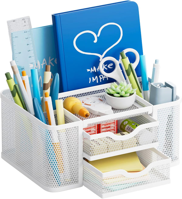 Marbrasse Mesh Desk Organizer - Pen Holder with 2 Drawers, Multi-Functional for Office Art Supplies