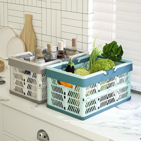 UShioart 20L Collapsible Crate Milk Crates for Storage Plastic shopping basket for Kitchen Bathroom (White)