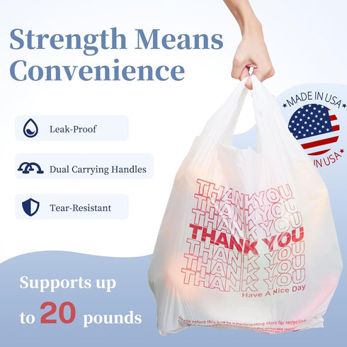 1000 Count 11.5" 6.5" 21", IUI Thank You T-Shirt Plastic Bags, White Grocery Bags with Handles, x x Retail Shopping
