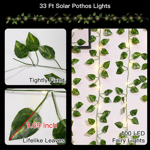 33ft 100 8 suddus Solar Fairy Lights, Led Pothos Leaf Solar String Lights Outdoor Waterproof, Modes Vines with Lights