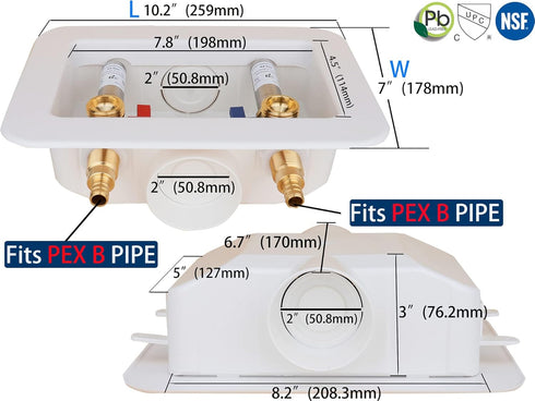 1/2-inch Hammer WHK Washing Machine Outlet Box,Pex Laundry Box Washer Wall Box With Drain Recessed Water Valve Box