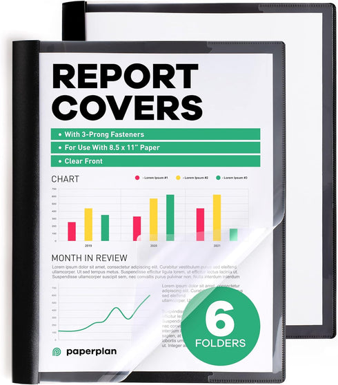 Report Covers with 3-Prong Fasteners, Clear Front Presentation Folders, 6 Set Plastic 8.5x11, Clear Report Covers