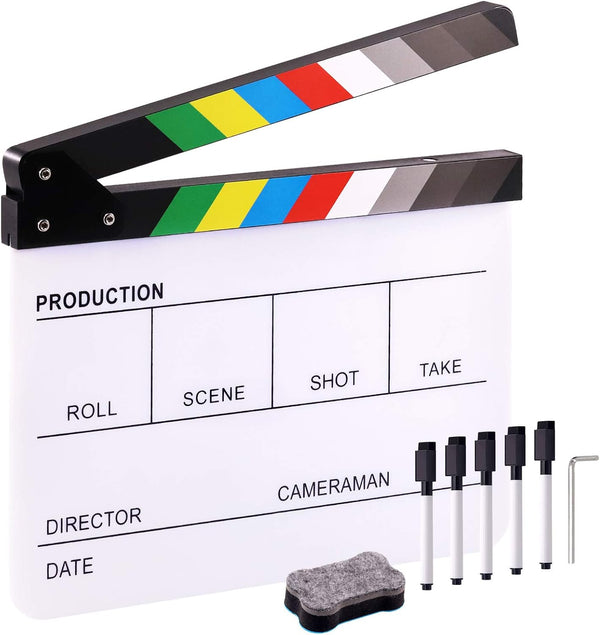 Hilitchi Film Movie Cut Action Board, Acrylic Plastic Slate with Color Sticks and 5 Whiteboard Markers