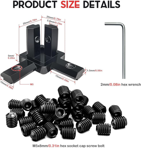 12Pcs Black 2020 Series 3-Way End Corner Bracket Connector with Screws + 1 Wrench for Slot 6mm 20S Aluminum Rail