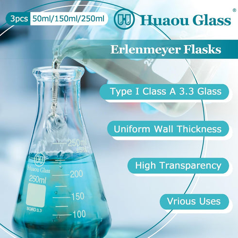 Glass Erlenmeyer Flask Set 50ml 150ml and 250ml, Narrow Mouth Graduated Flasks, 3.3 Borosilicate Glass, Ideal for Laboratory, Classroom or Home Use, HUAOU