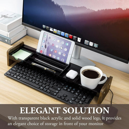 MyGift Premium Dark Gray Acrylic Desk Storage Tray with Rustic Wood Side Panel Legs for Office Supplies