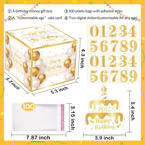 Birthday Money Gift Box with DIY Stickers, Surprise Cash Holder with Pull Out Card & 100Pcs Bags for Birthdays