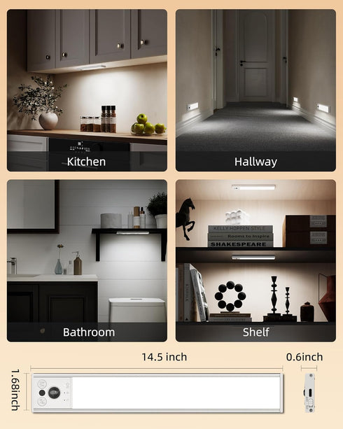 14.5inch 3 Dimmable Closet Counter (2 Pack) EZVALO Under Cabinet Lighting, Rechargeable Motion Sensor Light Indoor