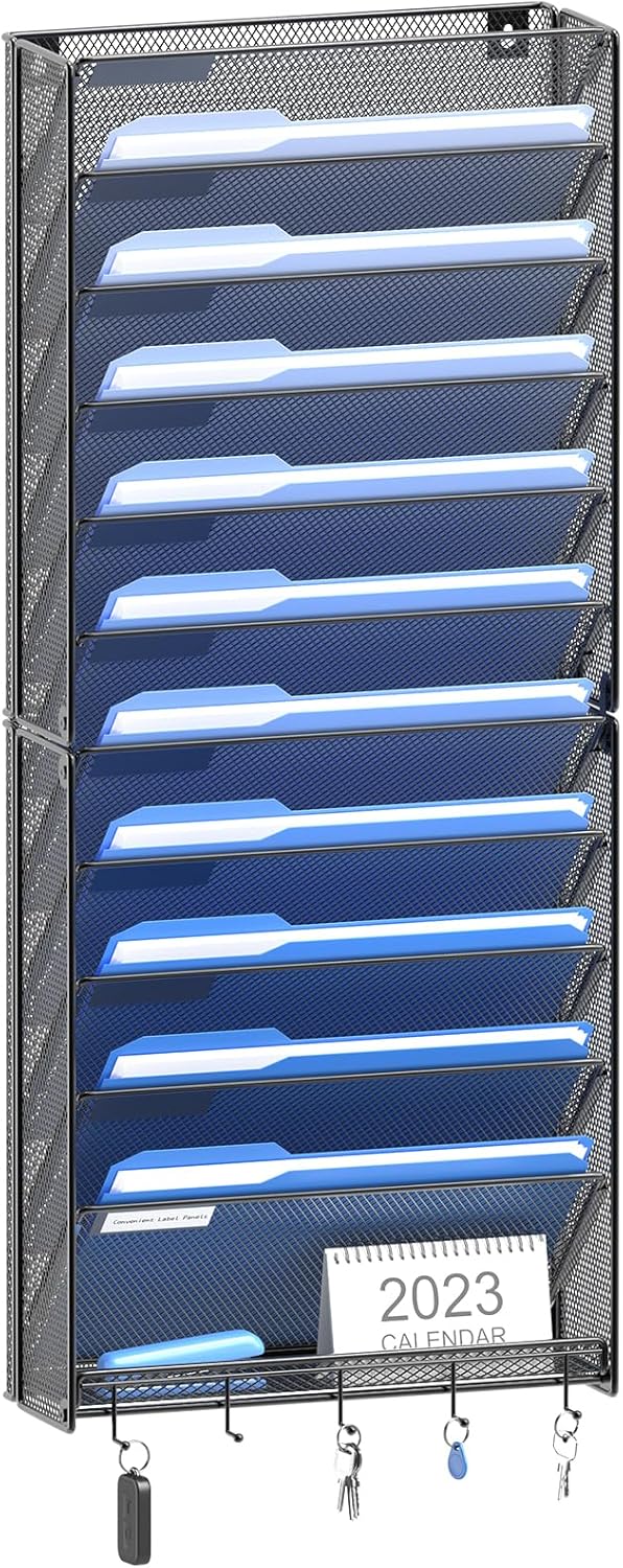 OUTWOLF Hanging Wall File Organizer, 12 Tier Vertical Mount Holder for Office Paper and Documents