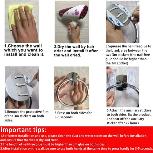 No Drilling 3M Self Adhesive Towel Ring with Strong Nail-Free Glue, Stainless Steel Towel Holder for Bathroom and