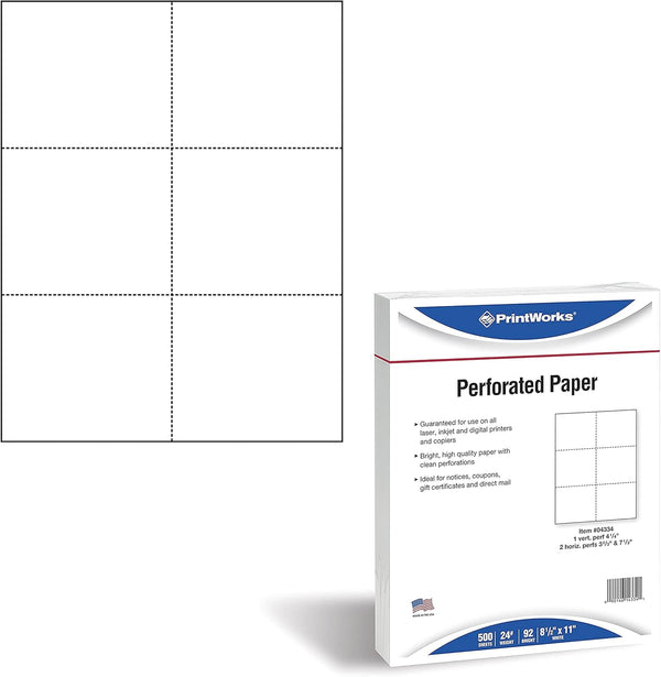 PrintWorks Professional Perforated Paper, 8.5 x 11, 24 lb, 500 Sheets, White, for Tickets, Coupons, Certificates, 3