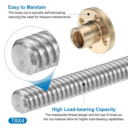uxcell 2 Pcs 350mm / 14 Inch Tr8x4 Stainless Steel Lead Screw with T8 Brass Nut for 3D Printer Z Axis, CNC Machine