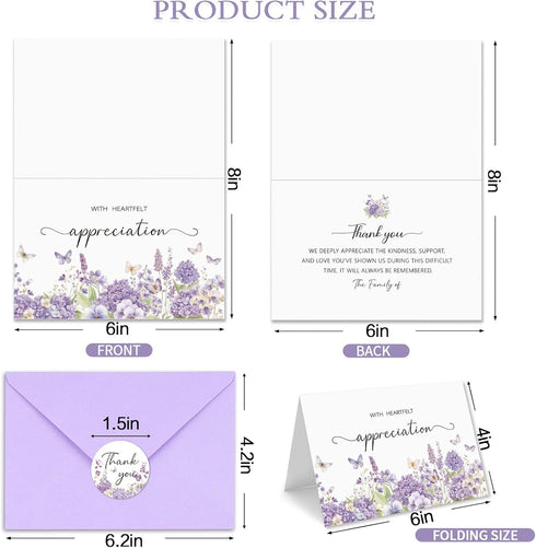 Set 50, 4x6In Funeral Thank You Cards with Envelopes, of Purple Watercolor Butterfly Floral Design Message Inside