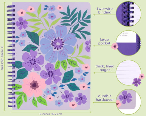 Steel Mill & Co Cute Mini Spiral Notebook, 8.25" x 6.25", Durable Hardcover, 160 Lined Pages, Lilac Floral