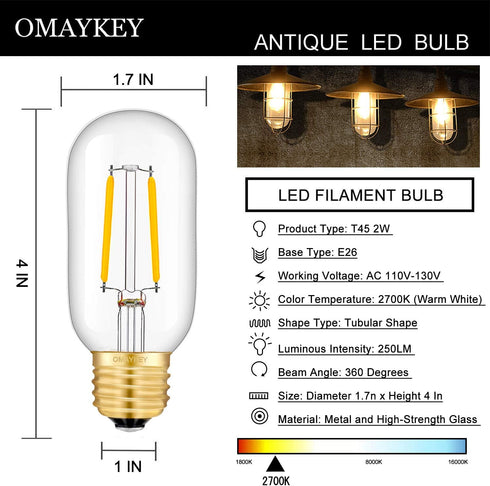 OMAYKEY 2W LED Tubular Bulb, 25W Equivalent, 250 Lumen, 2700K Warm White E26, Dimmable Antique Edison T45, 8 Pack