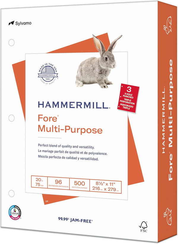 Hammermill Printer Paper, Fore Multipurpose 20 lb Copy Paper, 3 hole - 1 Ream (500 Sheets) - 96 Bright, USA Made