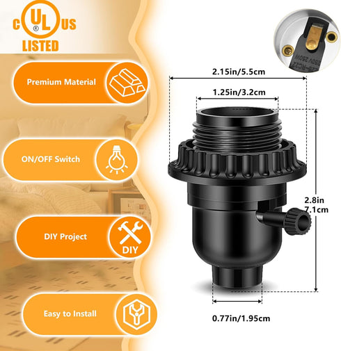 UL Listed E26 Light Socket, Threaded Lamp Socket Replacement with ON/Off Switch Medium Base Lamp Parts with Lamp Shade Ring Ring for Table lamp, Floor lamp, Light Fixture, Black 3-Pack by Aolloa