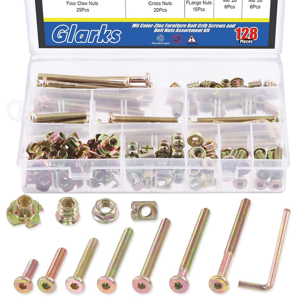 Glarks 128Pcs M6x20/30/40/50/60/70/80mm Baby Bed Crib Screws Bolts Kit Hex Socket Head Cap