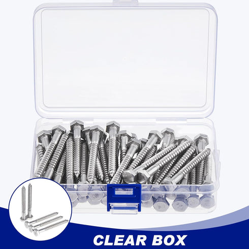 Blulu 60 Pcs 304 Hex Head Lag Screws - Stainless Steel Lag Bolts for Wood, 1/4" x 2-1/2"