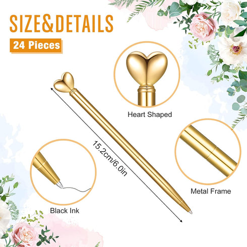 Thenshop 24 Pcs Heart Shaped Pens Retractable Metal Cute Pens 1.0 mm Black Ink Ballpoint Decorative Pens Engagement Gifts for Women School Office Wedding Bridal Shower Baby Shower(Gold)