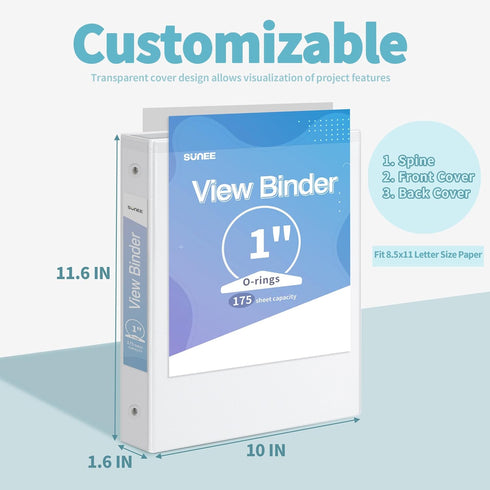 SUNEE 3 Ring Binder 1 Inch, 12 Pack Clear View PVC-Free Binders for School or Office Supplies, White