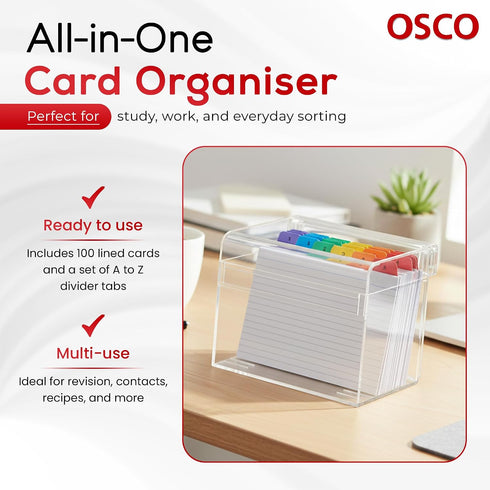 Osco 100 7" 5", 177 127 mm Clear Acrylic Index Box, Large, A to Z Divider Tabs, Lined Note Cards, x Ruled Revision
