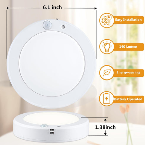 3000K 6.1inch Light,140 Closet 2-Pack LIT-PaTH Battery Operated Ceiling Light, Motion Sensor LED Ceiling Lumens Flush