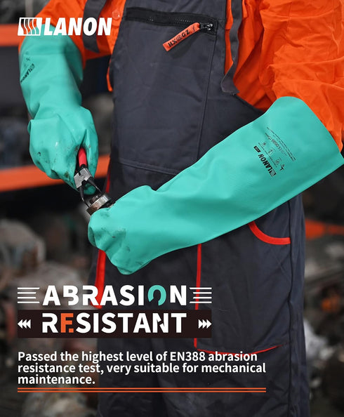 LANON Reusable Heavy Duty Nitrile Chemical Resistant Gloves, 18" Length, Non-Slip, Large, Acid, Alkali, Oil Protection